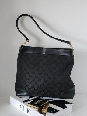 Gucci Black Gold GG Monogram Canvas and Leather Tote/Shoulder Bag
